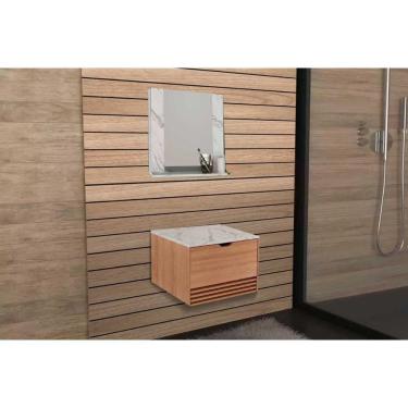 Imagem de Armário C- Balcão Banheiro Suspenso Bn3613 S- Cuba 60cm E Espelho Bn3610 Amendoa-marmore Branco - Tecno Mobili