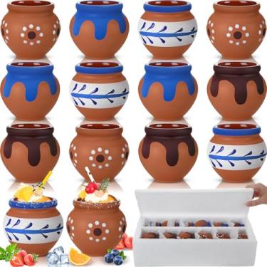 Imagem de Gejoy 12 peças de 85 g Cantaritos De Barro Shot Mini Copos de argila Jarritos De Barro Mexicanos Tacos Copos de Cocktail para Tequila, Margaritas, Mojitos, Mojitos Bebidas Frias e Quentes (Elegante)