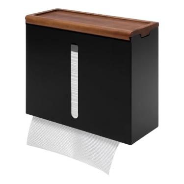 Imagem de Dispensador de toalha de papel, suporte de caixa de guardanapo de metal montado na parede com tampa de madeira e janela visível, dispensador de guardanapo descartável com dobra Z tripla para decoração