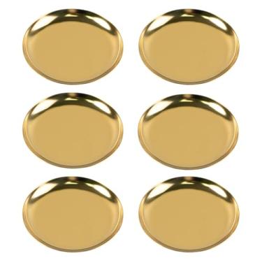 Imagem de GTILE Prato de joias dourado de aço inoxidável com 6 peças, bandeja de bugiganga de 10 cm, bandejas redondas para servir, prato de vela, mini bandejas organizadoras de armazenamento para joias e
