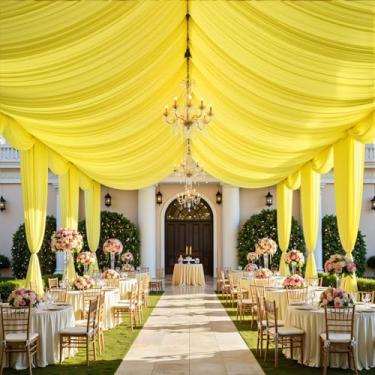 Imagem de Cortina de teto amarela clara de 1,5 m × 20 m para festas de casamento, tecido drapeado de poliéster sem vincos, cortina amarela clara para festa, barraca, hotel, banquete, salão, decoração de teto