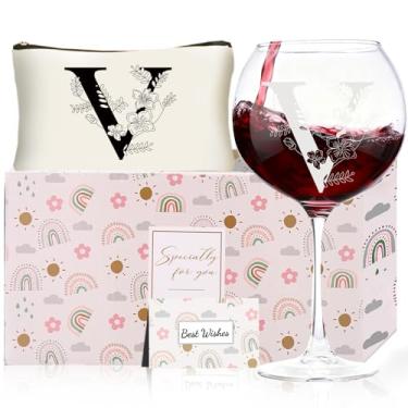 Imagem de Presentes de Natal para mulheres, taças de vinho com monograma com bolsa de maquiagem, presentes exclusivos de elefante branco de casamento para mãe, pai, irmã, professora, esposa, marido (V)