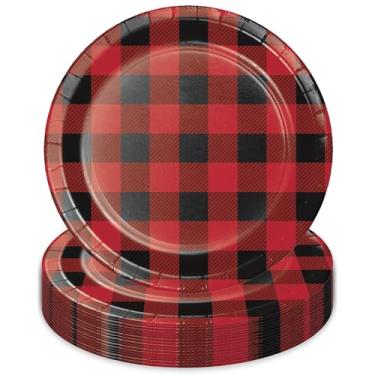 Imagem de Pratos de sobremesa xadrez de búfalo vermelho e preto, guardanapos de Natal vintage de caminhão de fazenda e garfos (serve 16)