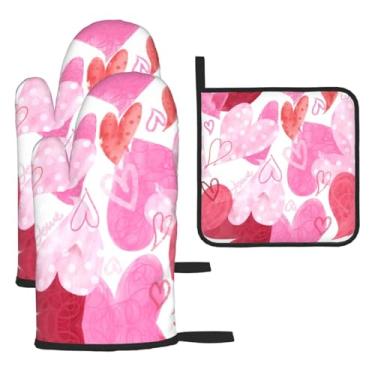 Imagem de Aquarela Love – Conjunto de cozinha essencial com 3 peças, luvas resistentes ao calor e aderência da tampa, proteção para churrasco no forno, design de armazenamento suspenso.