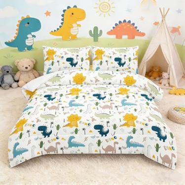 Imagem de MWMWMW Jogo de cama solteiro de dinossauro, 2 peças, estampa de dinossauro, para crianças, meninos, leve, de microfibra macia, com fronha para todas as estações