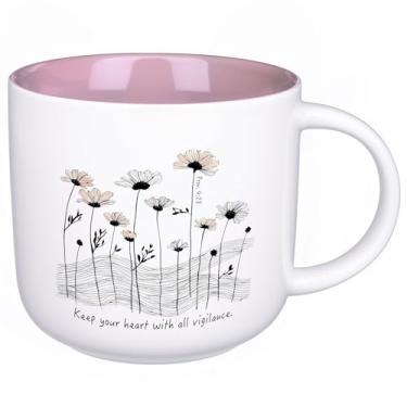 Imagem de ONRRI Caneca de cerâmica de 382 g com design floral, rosa interior, impressão frente e verso, mantenha seu coração com tudo, seguro para micro-ondas, presente para mulheres cristãs