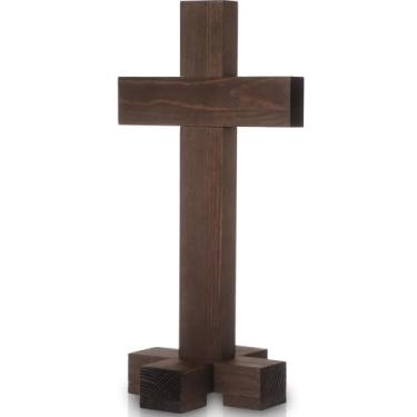 Imagem de GlikCeil Cruz de madeira de 40,6 cm com suporte para pendurar ou ficar em pé cruz de parede de madeira marrom escuro Jesus Cristo suprimentos artesanais Ele é ressuscitado ornamentos para parede mesa