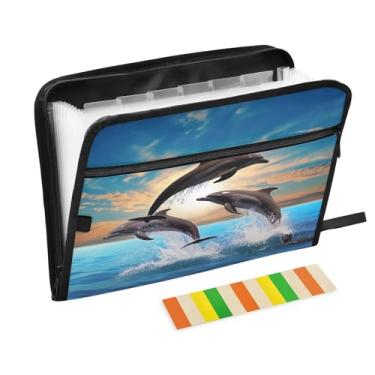 Imagem de Wassud Jumping Dolphins Organizador de arquivos sanfonado com 13 bolsos, pastas expansíveis com abas e adesivos, organizador de pastas de documentos de recibo de papel tamanho carta A4 para viagens de