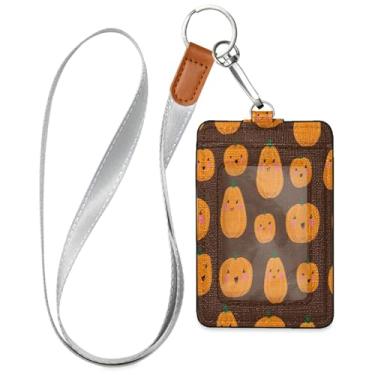 Imagem de Wassud Porta-crachá de couro PU Playful Pumpkins com cordão, porta-cartão de identificação para trabalho, cordão de pescoço com compartimentos para cartões de crédito, funcionários, estudantes, 39,9