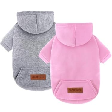 Imagem de Pacote com 2 moletons com capuz para cães quentes para clima frio roupas para cães pequenos e médios para homens e meninas meninos uso diário (cinza + rosa, PP (Costas: 22 cm, Peito: 35,8 cm)