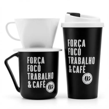 Imagem de Kit Café preto e branco com Copo, Caneca e Coador | 3 Peças | Portátil para Viagem, Trabalho e Dia a Dia