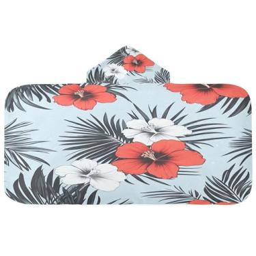 Imagem de Burbuja Toalha de banho com capuz de flores tropicais com folhas de palmeira para crianças, toalha de praia de pelúcia macia absorvente para meninas e meninos 3-10 anos, 61 x 127 cm