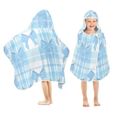 Imagem de Burbuja Blue Bows Toalha de banho xadrez com capuz para crianças, toalha de praia de pelúcia macia absorvente para meninas e meninos 3-10 anos, 61 x 127 cm