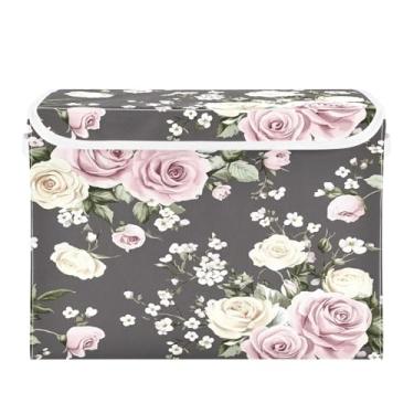 Imagem de CEBUGI Caixotes de armazenamento com tampas, caixa de armazenamento de tecido dobrável, caixas organizadoras de cubo de flores brancas para armário de casa prateleiras de quarto 40 x 30 x 30 cm