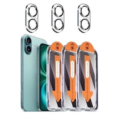 Imagem de Pacote com 3 + 3 protetores de tela de privacidade para iPhone 16 com protetor de lente de câmera cobertura total, película de vidro temperado anti-espião, dureza 9H, fácil instalação, sem bolhas [6,1