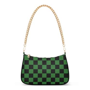 Imagem de Bolsa de mão marrom para noite em grãos de café para mulheres Hobo Clutch Bolsa de corrente de um ombro, Xadrez xadrez verde preto
