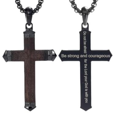 Imagem de GTMJ Colar de cruz de madeira para homens, corrente preta com pingente de cruz de madeira marrom, Medium, Aço inoxidável, Sem Pedra Preciosa