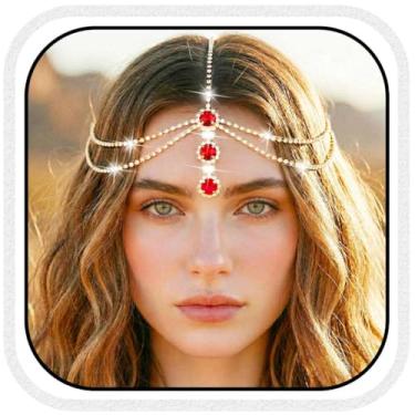 Imagem de Brishow Corrente de cabeça de ouro com strass para casamento, tiara de testa de cristal rave, acessórios de cabelo para mulheres, One Size, 80% vidro, 20% liga