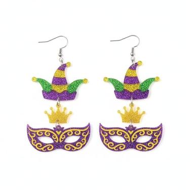 Imagem de Brincos femininos pendentes de carnaval colorido com glitter acrílico tema coroa chapéu pingente brincos de festa Mardi Gras acessórios para mulheres, unified, Acrílico, Sem pedra preciosa