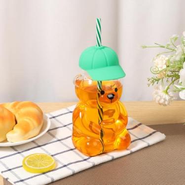 Imagem de DJAPWPX Copo de palha em forma de urso de 590 ml, copo de vidro estilo urso com canudo, caneca de café fofa, copo de vidro, copos de bebida de coquetel de vinho (chapéu de beisebol)