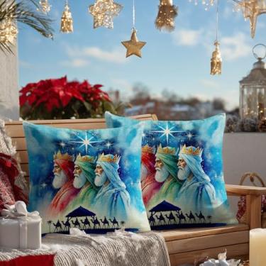 Imagem de HOMETITUTE Conjunto de 2 capas de almofada de três reis 45,7 x 45,7 cm, decoração macia, três sábios, silhueta de presépio e estrela de Belém, capas de almofada quadradas de linho para decoração de