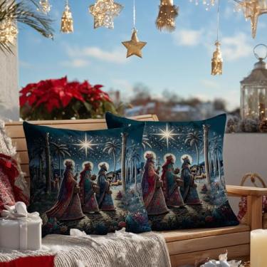 Imagem de HOMETITUTE Conjunto de 2 capas de almofada de três reis 45,7 x 45,7 cm decoração macia três reis presépio noturno Los Reyes Magos Belém estrela quadrada capas de almofadas para sofá decoração de casa