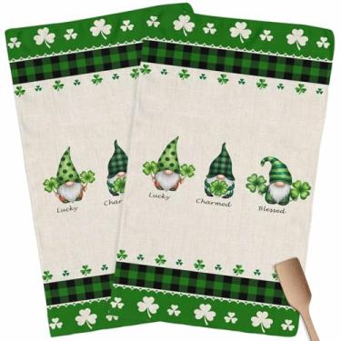 Imagem de Conjunto de 2 toalhas de cozinha, toalhas de mão de linho retrô farmhouse gnomo, pano de prato de microfibra absorvente, trevo do dia de São Patrício, laváveis, barra de chá, panos de limpeza de pano