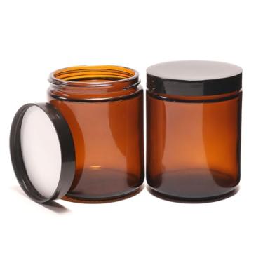 Imagem de 2 frascos de vidro espessos de 227 g com tampas pretas, recipientes de cosméticos vazios de boca larga âmbar de 250 g para amostra, creme, loção, vela, armazenamento, cozinha e casa