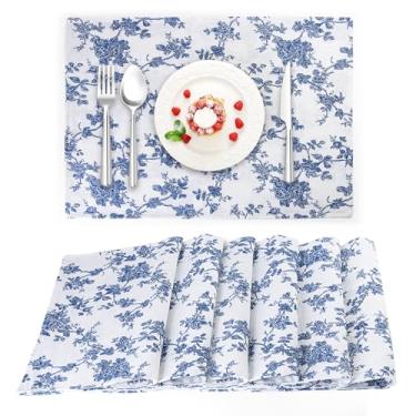 Imagem de Jogo americano de pano floral azul, conjunto de 6, tapetes de linho acolchoados de flores para mesa de jantar de cozinha, tapetes de mesa duráveis laváveis na máquina, 33 x 48 cm