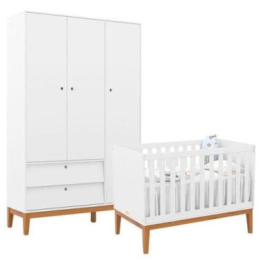 Imagem de Berço Americano e Guarda Roupa Unique 3 Portas Branco Soft Eco Wood - 