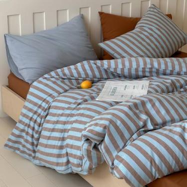 Imagem de Conjunto de capa de edredom retrô listrada, 100% algodão, estampa de listras azuis e marrons, 3 peças de capa de edredom macia e respirável com 2 fronhas, conjunto de cama de algodão listrado de