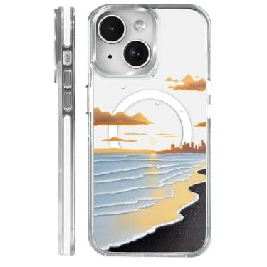 Imagem de casesok Capa para iPhone 13/14 compatível com Magsafe, design estético claro bonito para meninas e mulheres, capa rígida protetora antiqueda para iPhone 13/14 - paisagem do pôr do sol à beira-mar