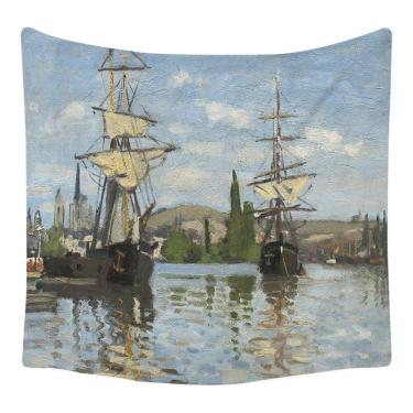 Imagem de Tapeçaria, barco, paisagem marítima, 150x150cm, microtecido, fibra