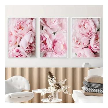 Imagem de 3 peças de pintura em tela de flores cor-de-rosa modernas estampas de pôsteres florais nórdicos imagens de arte de parede para sala de estar cozinha casa - (40 x 60 cm x 3) 40 x 61 cm sem moldura