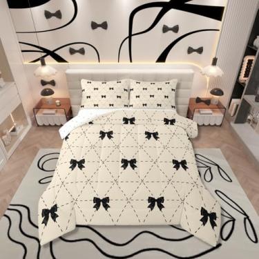 Imagem de Erosebridal Conjunto de edredom Queen com laço preto para quarto de crianças | Conjunto de cama moderno com laço coquete, listrado, geométrico, macio, quente, edredom com 2 fronhas
