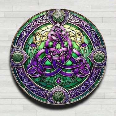Imagem de Placa de parede redonda de metal de alumínio rústico vintage medalhão de nó celta de vitral, 20 cm, presentes e decoração para casa, escritório, café e quintal