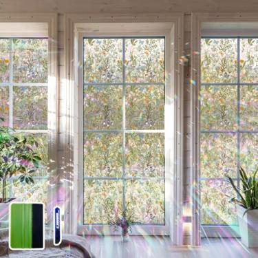 Imagem de Flortlias Película de privacidade para janela floral, vitral, decorativa, arco-íris, para decoração de vidro, banheiro, porta, carro, flores silvestres com ferramentas, 200 x 88 cm