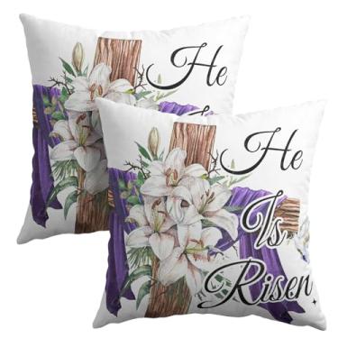 Imagem de Capas de almofada Happy Easter Purple Flowers Conjunto de 2 capas de almofada He is Risen 45,7 x 45,7 cm primavera feriado roxo lírio decorativo fazenda algodão linho fronhas quadradas para sofá-cama