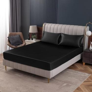 Imagem de LM Detona, Jogo De Lençol Casal Padrão Com Elástico Cetim Seda Preto 3 Peças