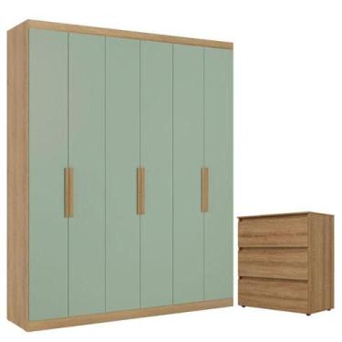 Imagem de Guarda Roupa Casal Milan 6 Portas Capuccino Menta E Cômoda Gaveteiro C