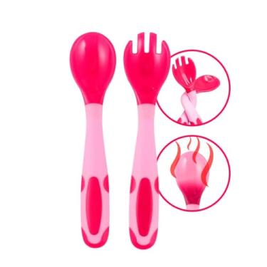 Imagem de Kit Talheres Bebê Flexível Termossensível com Garfo e Colher, Material Macio e Seguro, Rosa, 2 Peças, Plástico Flexível