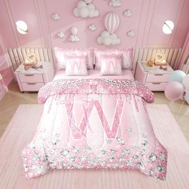 Imagem de Erosebridal Conjunto de cama solteiro com letra D com laço e alfabeto ombré, rosa, 7 peças, laço feminino, conjunto de edredom infantil com monograma, glitter, conjunto de cama kawaii