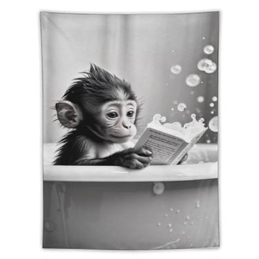 Imagem de Tapeçaria de leitura de macaco bebê na banheira preto branco bolhas cena bonito animal arte pendurar na parede decoração de casa alegre para banheiro quarto vibe60 x 80 tapeçaria