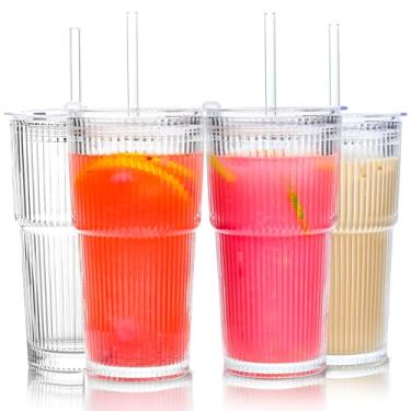 Imagem de Icesip Copos de vidro de 590 ml, 4 peças, com tampas e canudos, copos de café gelado canelados, conjunto de 4 copos vintage para suco de chá, refrigerante e smoothie (canelado A*4 com tampa)