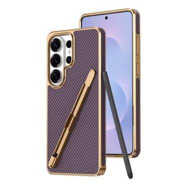 Imagem de LYJSMGZ Capa galvanizada para Samsung Galaxy S25 Ultra/S25 Plus/S25, capa de textura de fibra de carbono com Stylus e slot para caneta, capa ultrafina à prova de choque, roxa, S25 Plus