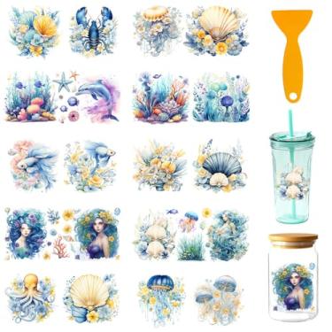 Imagem de GOMAKERER 20 peças de envoltórios de copo DTF UV do mar de flores para vidro de 473 ml, adesivos de transferência UV DTF com tema oceânico, decalques de transferência à prova d'água para garrafa de