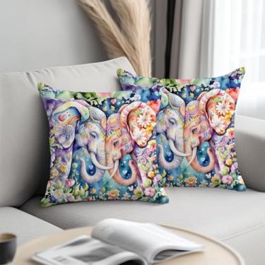 Imagem de Capas de almofada artísticas de elefante 45 x 45 cm, arte étnica quadrada, fronhas decorativas florais coloridas para sofá, sala de estar, quarto, casa, presentes de elefante