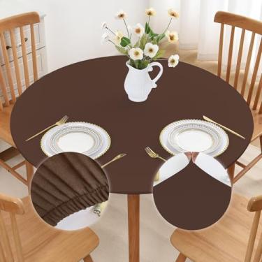 Imagem de Mulilai Toalha de mesa elástica marrom redonda para uso ao ar livre, 152 cm, antiderrapante, com tecido de elastano, lavável, sem rugas, para cozinha, jantar, pátio, decoração