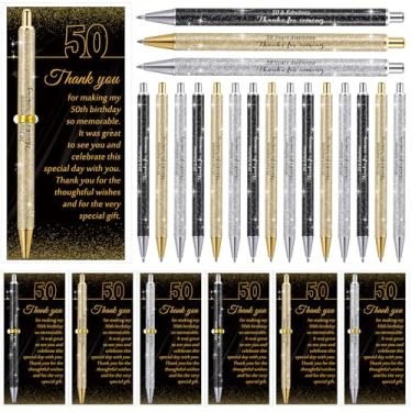 Imagem de Feifeiya Conjunto de 24 lembrancinhas de festa de aniversário para convidados, presentes de apreciação de aniversário, canetas esferográficas com glitter e cartões de agradecimento para mulheres