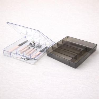 Imagem de Porta Talheres Organizador para Gavetas em Acrílico — 5 divisorias, Organizador de Garfos, Facas e Colheres — Ajuste prático na gaveta, opções com Tampa ou sem Tampa (Com tampa-transparente)